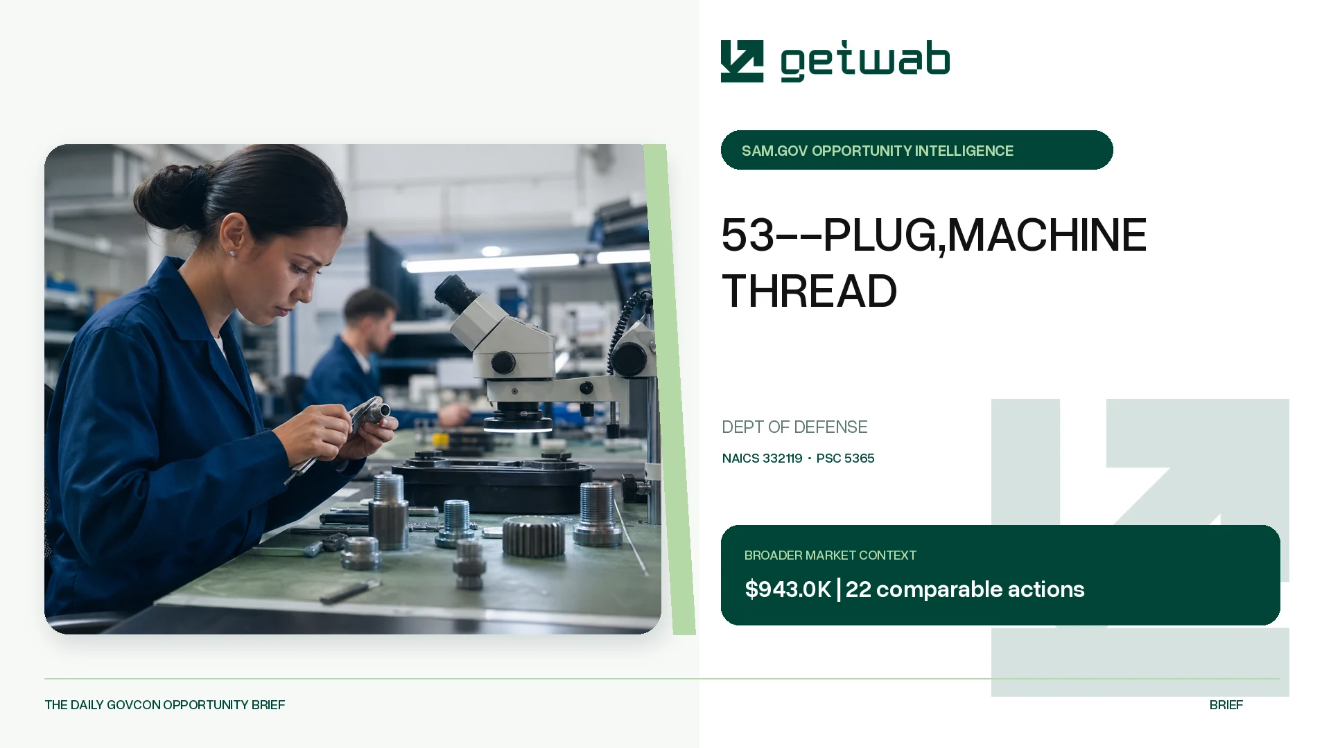 Preview for 53--PLUG,MACHINE THREAD Federal Opportunity Brief