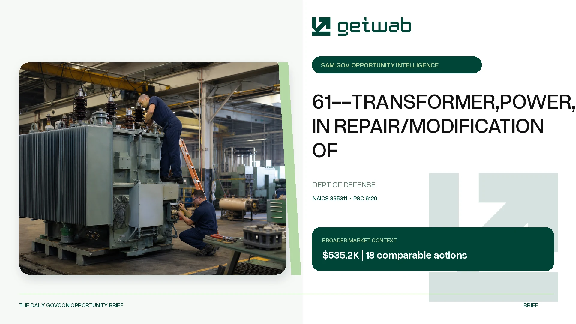 Preview for 61--TRANSFORMER,POWER, IN REPAIR/MODIFICATION OF Federal Opportunity Brief