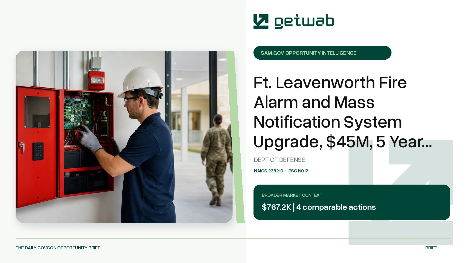 Preview for Ft. Leavenworth Fire Alarm and Mass Notification System Upgrade, $45M, 5 Year SATOC Federal Opportunity Brief